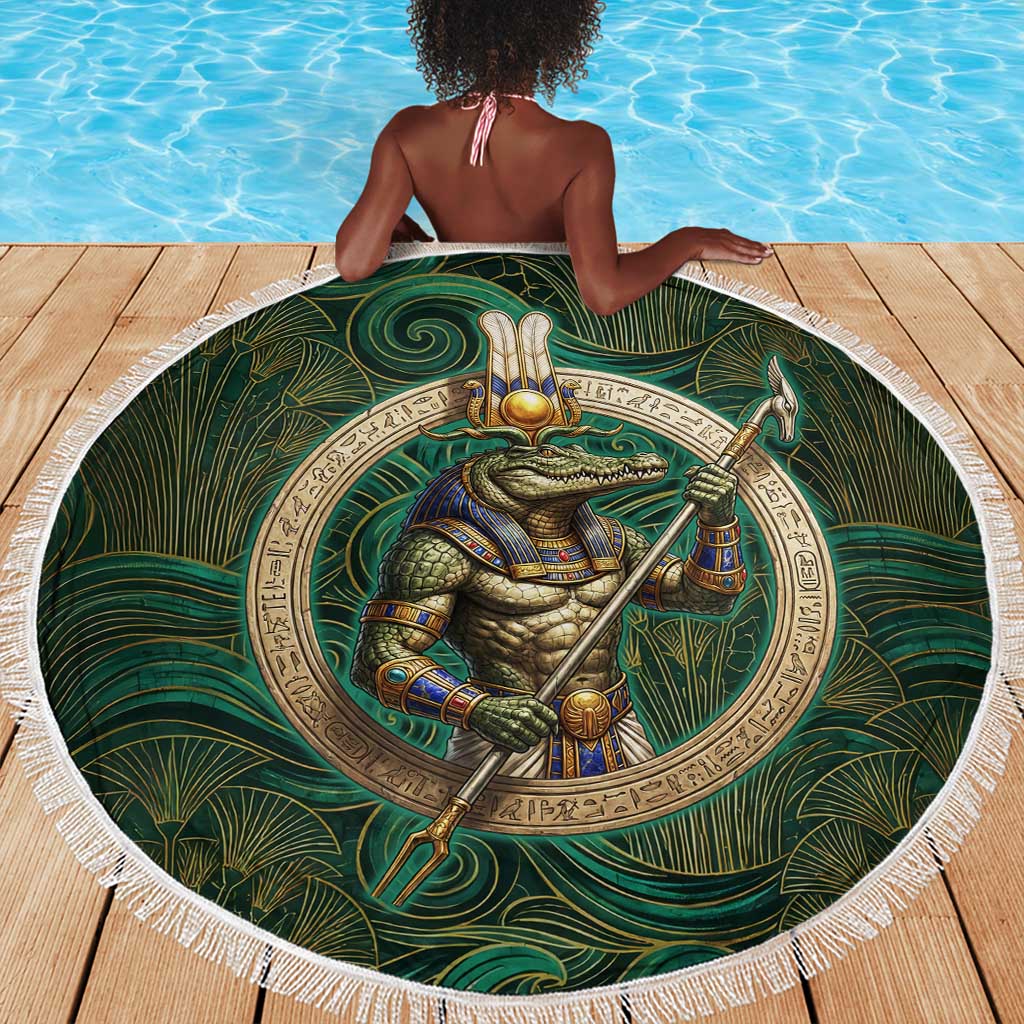 Sobek Crocodile Warrior Beach Blanket with Ankh Ancient Egyptian Motif in Emerald