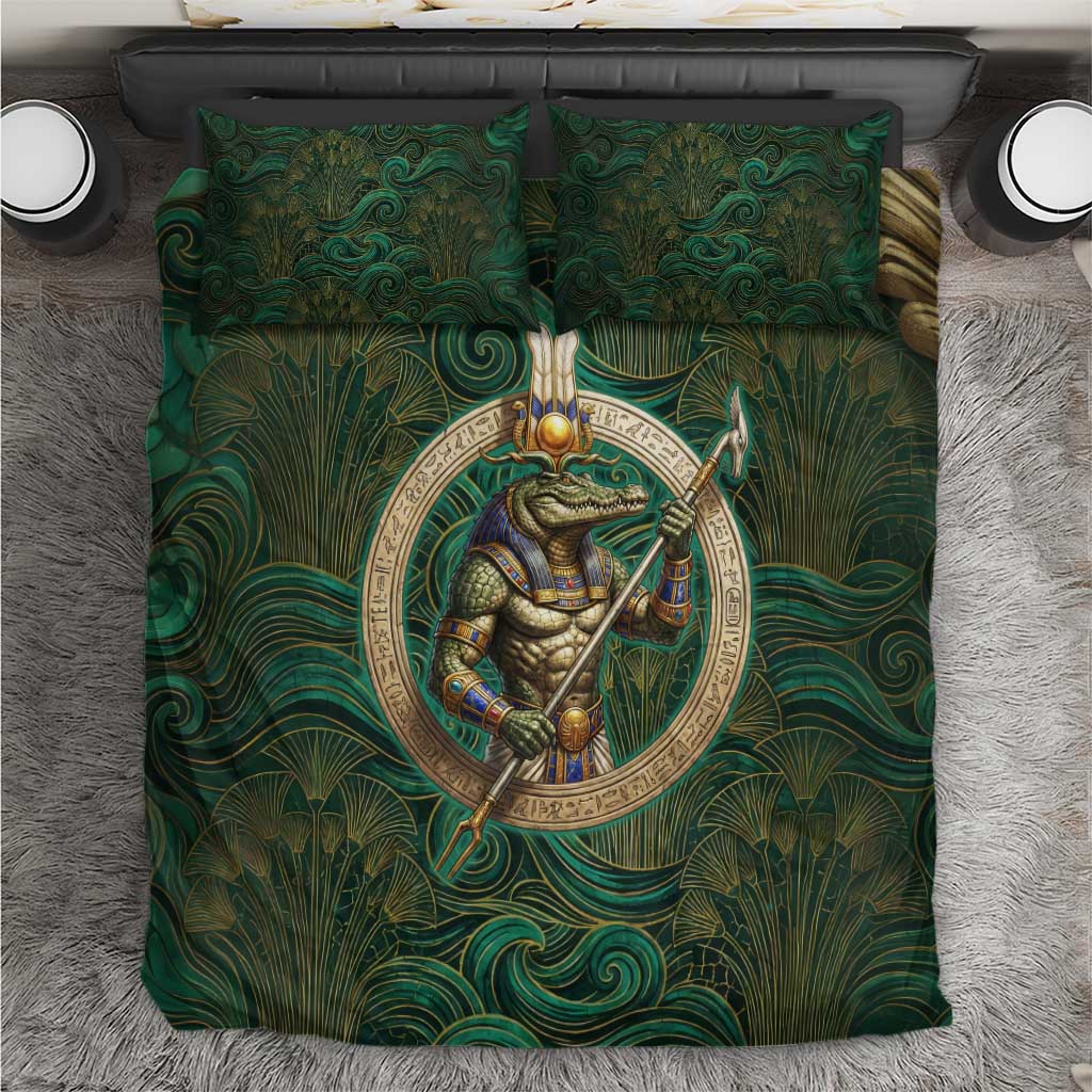 Sobek Crocodile Warrior Bedding Set with Ankh Ancient Egyptian Motif in Emerald