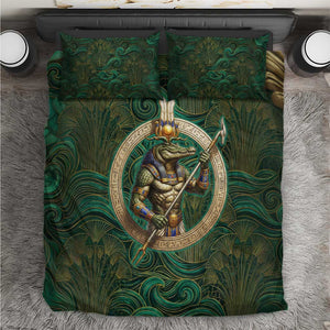 Sobek Crocodile Warrior Bedding Set with Ankh Ancient Egyptian Motif in Emerald