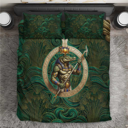 Sobek Crocodile Warrior Bedding Set with Ankh Ancient Egyptian Motif in Emerald