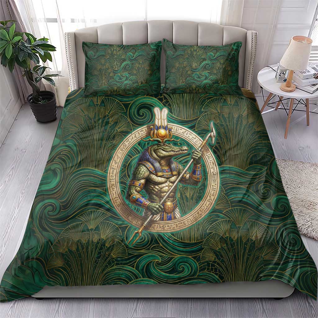 Sobek Crocodile Warrior Bedding Set with Ankh Ancient Egyptian Motif in Emerald