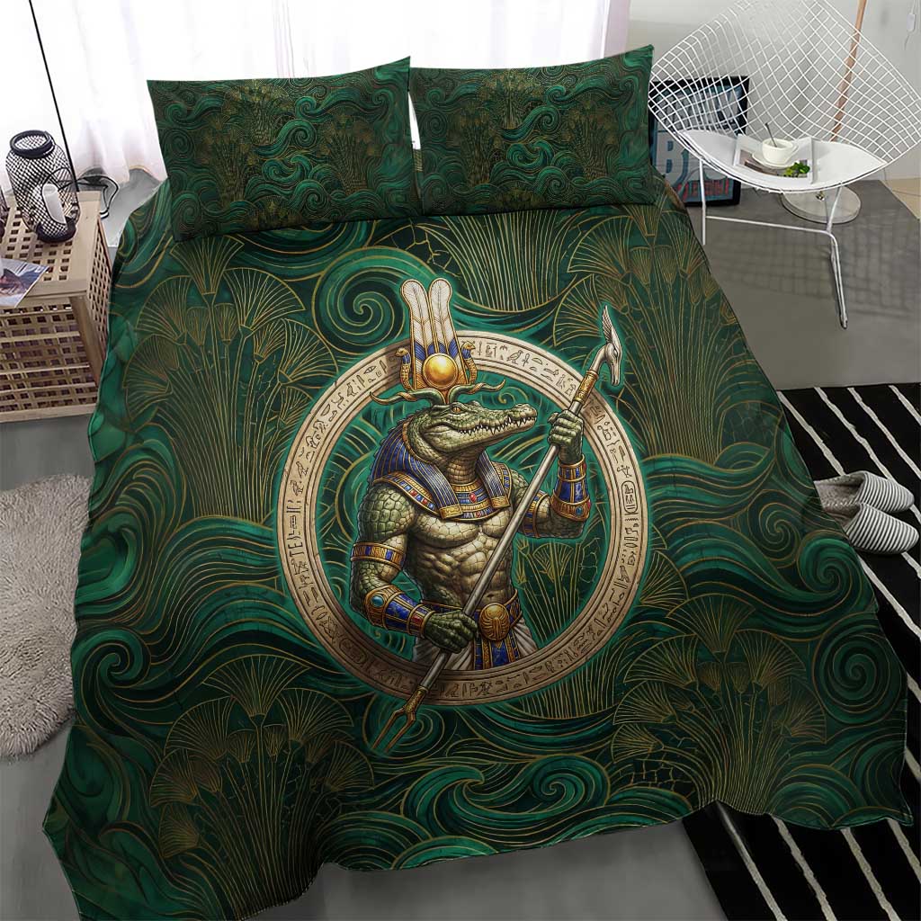 Sobek Crocodile Warrior Bedding Set with Ankh Ancient Egyptian Motif in Emerald