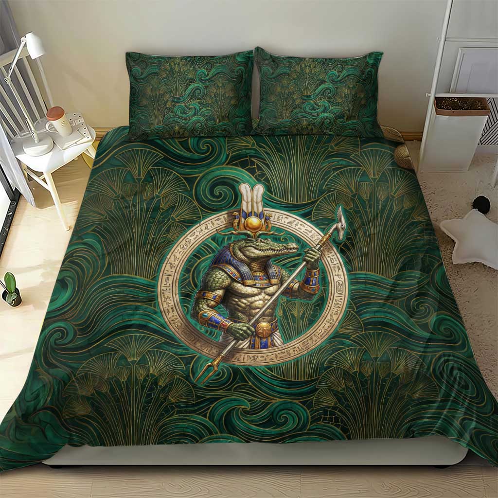 Sobek Crocodile Warrior Bedding Set with Ankh Ancient Egyptian Motif in Emerald