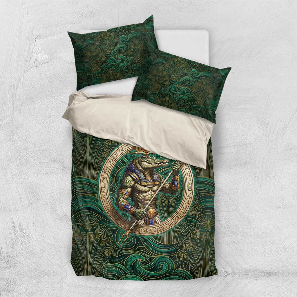 Sobek Crocodile Warrior Bedding Set with Ankh Ancient Egyptian Motif in Emerald