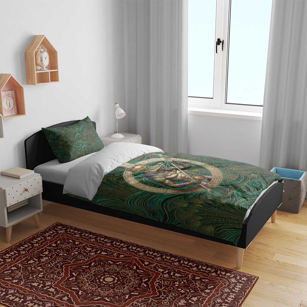 Sobek Crocodile Warrior Bedding Set with Ankh Ancient Egyptian Motif in Emerald