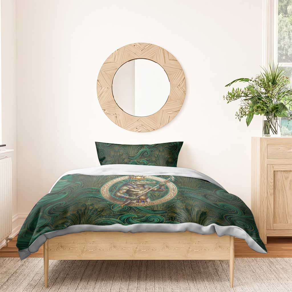 Sobek Crocodile Warrior Bedding Set with Ankh Ancient Egyptian Motif in Emerald