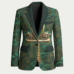 Sobek Crocodile Warrior Blazer with Ankh Ancient Egyptian Motif in Emerald