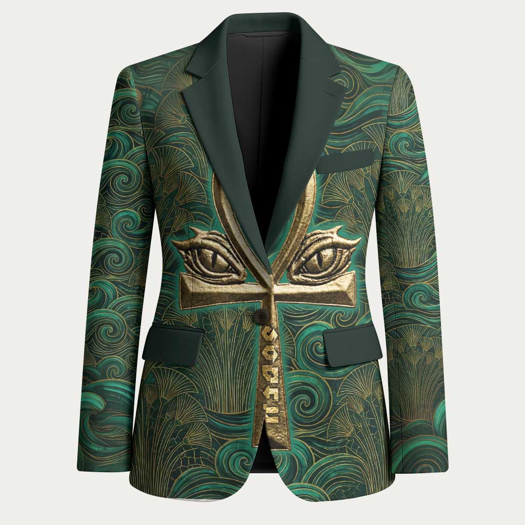 Sobek Crocodile Warrior Blazer with Ankh Ancient Egyptian Motif in Emerald