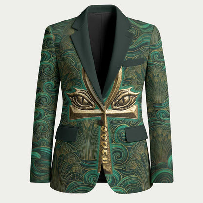 Sobek Crocodile Warrior Blazer with Ankh Ancient Egyptian Motif in Emerald