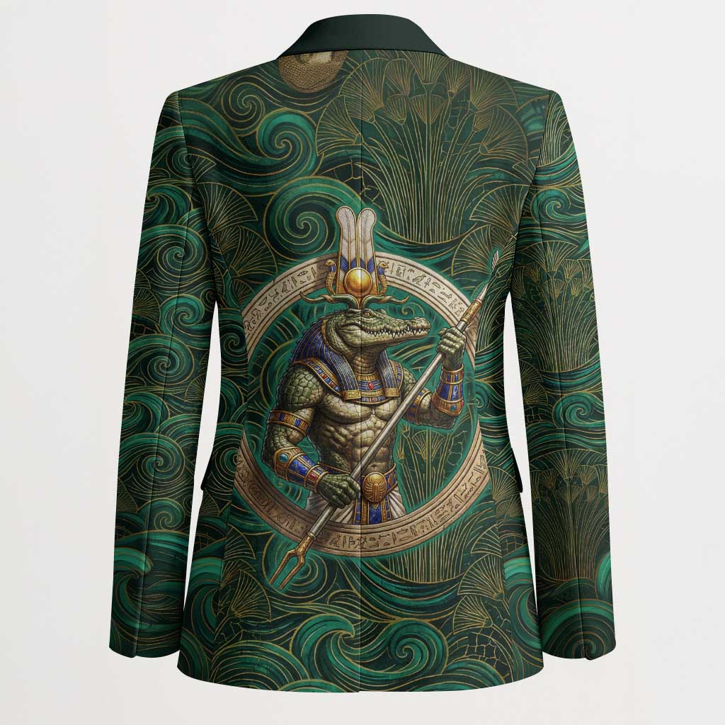 Sobek Crocodile Warrior Blazer with Ankh Ancient Egyptian Motif in Emerald