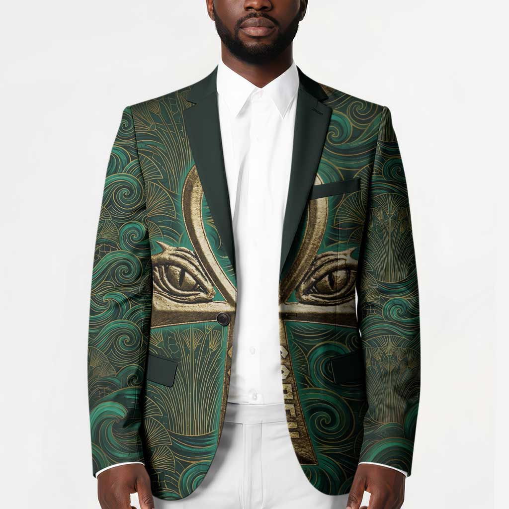 Sobek Crocodile Warrior Blazer with Ankh Ancient Egyptian Motif in Emerald
