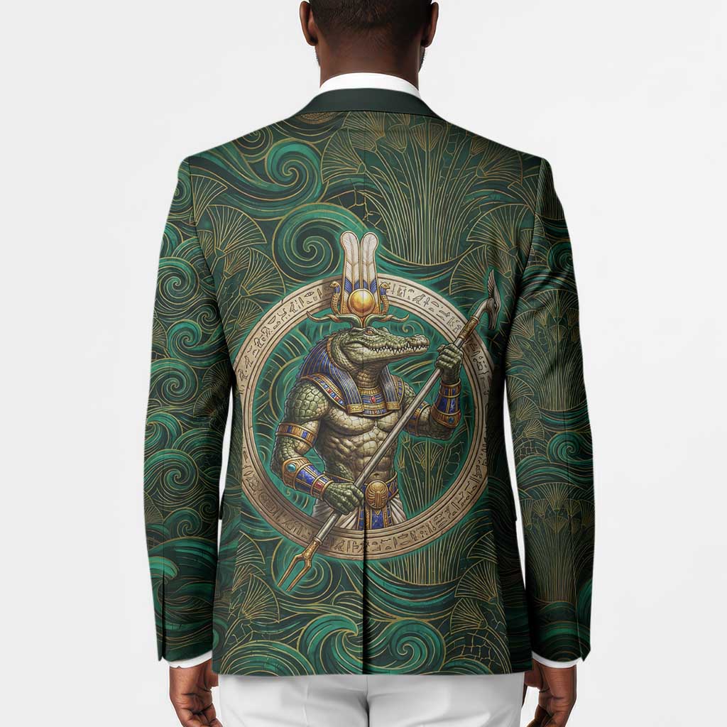 Sobek Crocodile Warrior Blazer with Ankh Ancient Egyptian Motif in Emerald