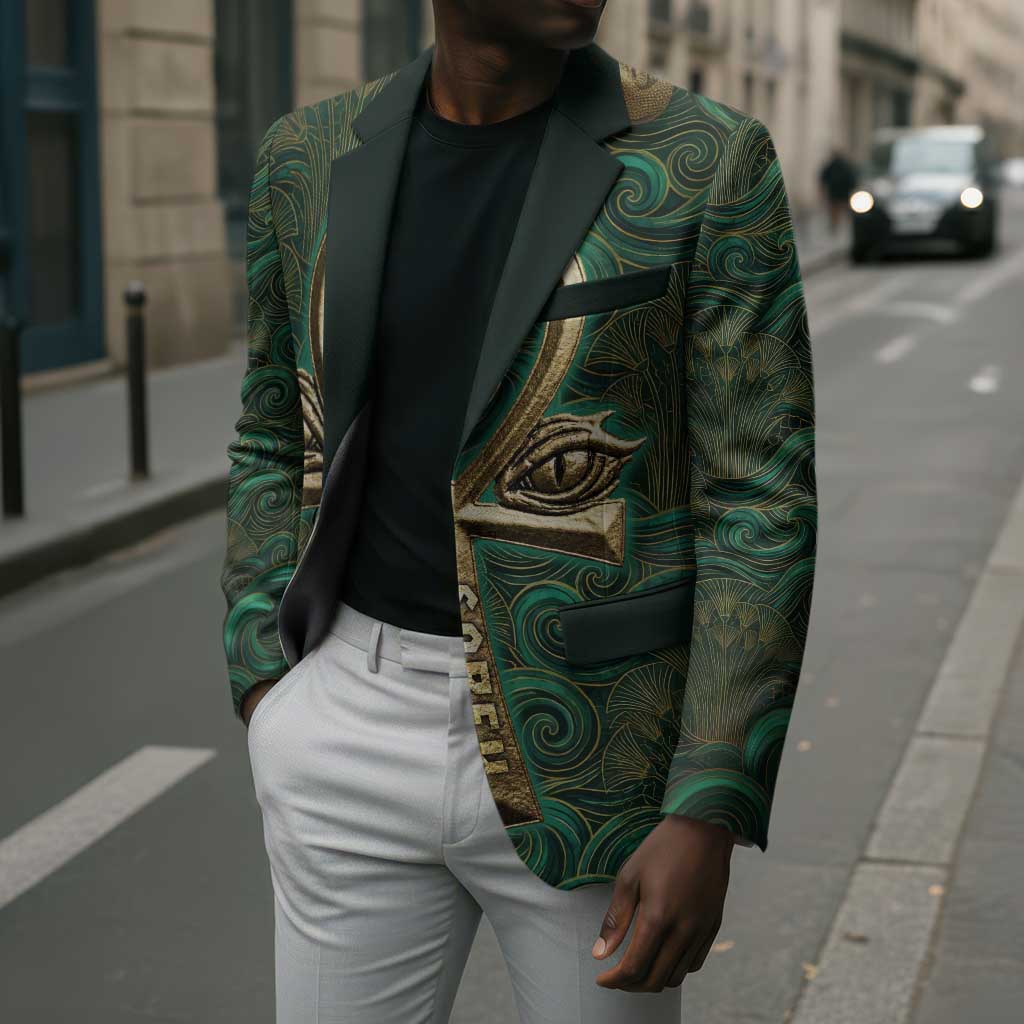 Sobek Crocodile Warrior Blazer with Ankh Ancient Egyptian Motif in Emerald
