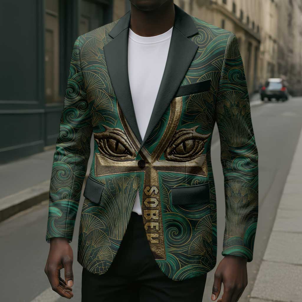 Sobek Crocodile Warrior Blazer with Ankh Ancient Egyptian Motif in Emerald