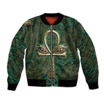 Sobek Crocodile Warrior Bomber Jacket with Ankh Ancient Egyptian Motif in Emerald