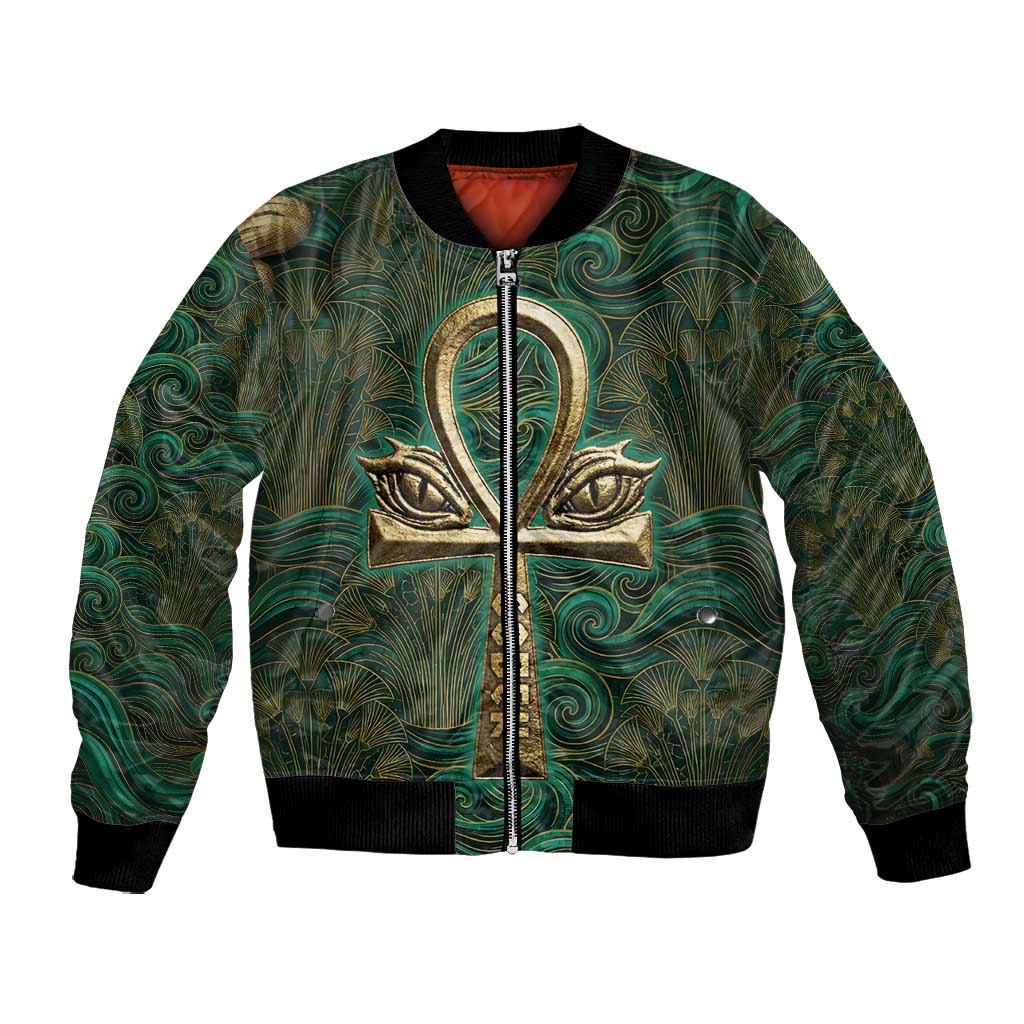 Sobek Crocodile Warrior Bomber Jacket with Ankh Ancient Egyptian Motif in Emerald