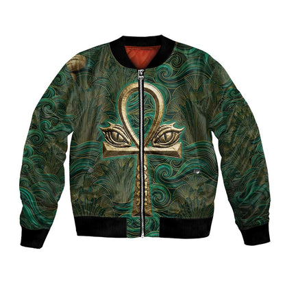 Sobek Crocodile Warrior Bomber Jacket with Ankh Ancient Egyptian Motif in Emerald