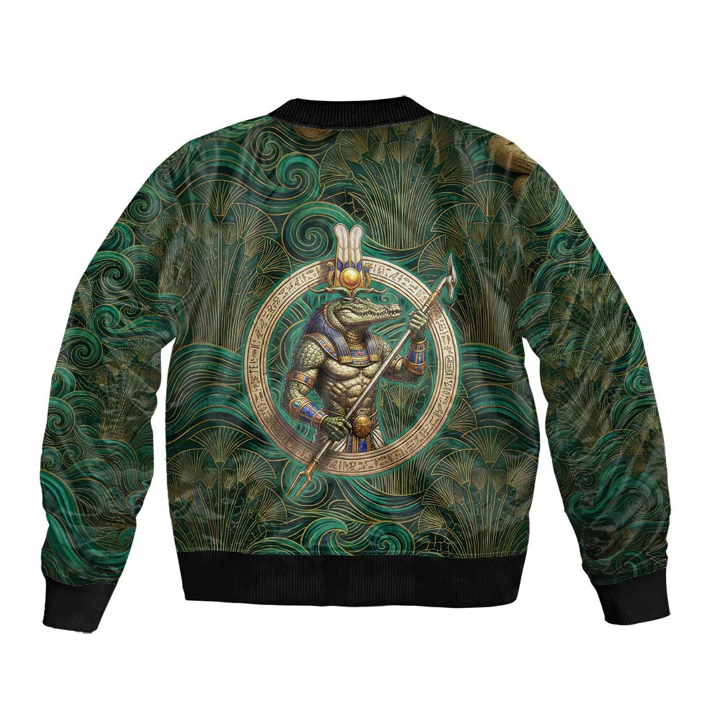 Sobek Crocodile Warrior Bomber Jacket with Ankh Ancient Egyptian Motif in Emerald