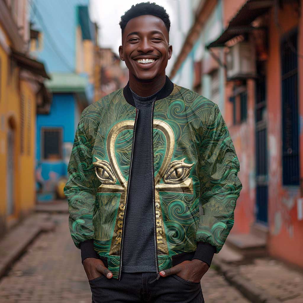 Sobek Crocodile Warrior Bomber Jacket with Ankh Ancient Egyptian Motif in Emerald
