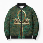 Sobek Crocodile Warrior Bomber Puffer Jacket with Ankh Ancient Egyptian Motif in Emerald