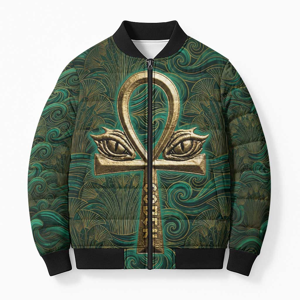 Sobek Crocodile Warrior Bomber Puffer Jacket with Ankh Ancient Egyptian Motif in Emerald