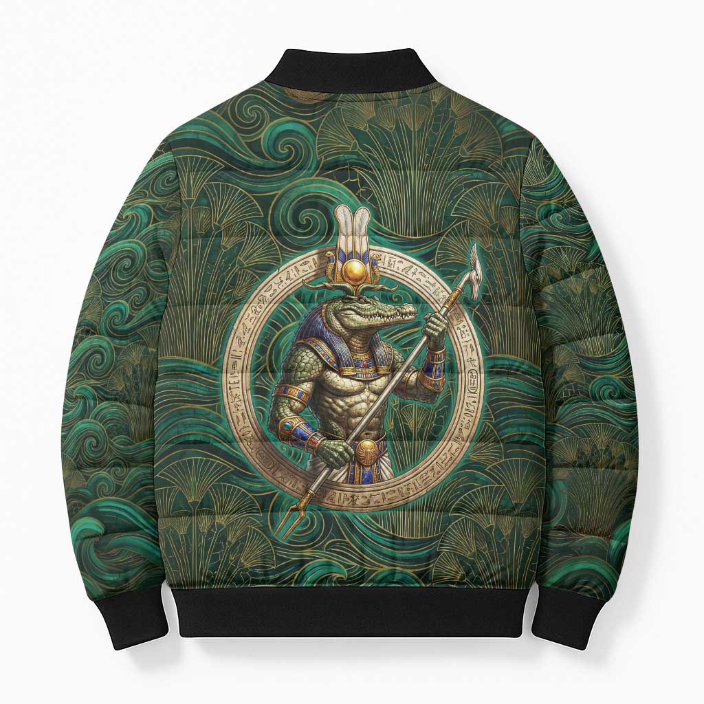Sobek Crocodile Warrior Bomber Puffer Jacket with Ankh Ancient Egyptian Motif in Emerald