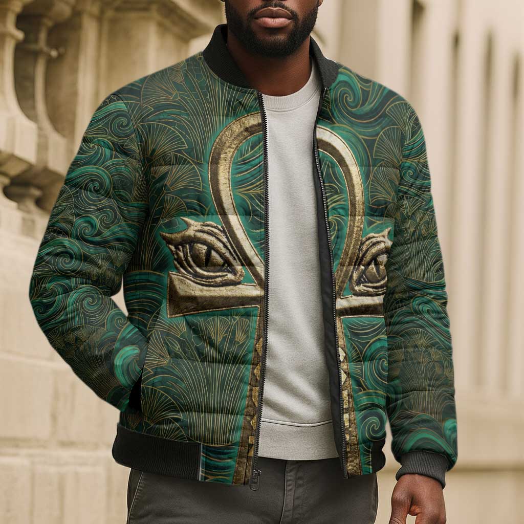 Sobek Crocodile Warrior Bomber Puffer Jacket with Ankh Ancient Egyptian Motif in Emerald