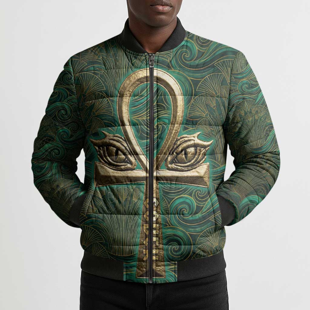 Sobek Crocodile Warrior Bomber Puffer Jacket with Ankh Ancient Egyptian Motif in Emerald