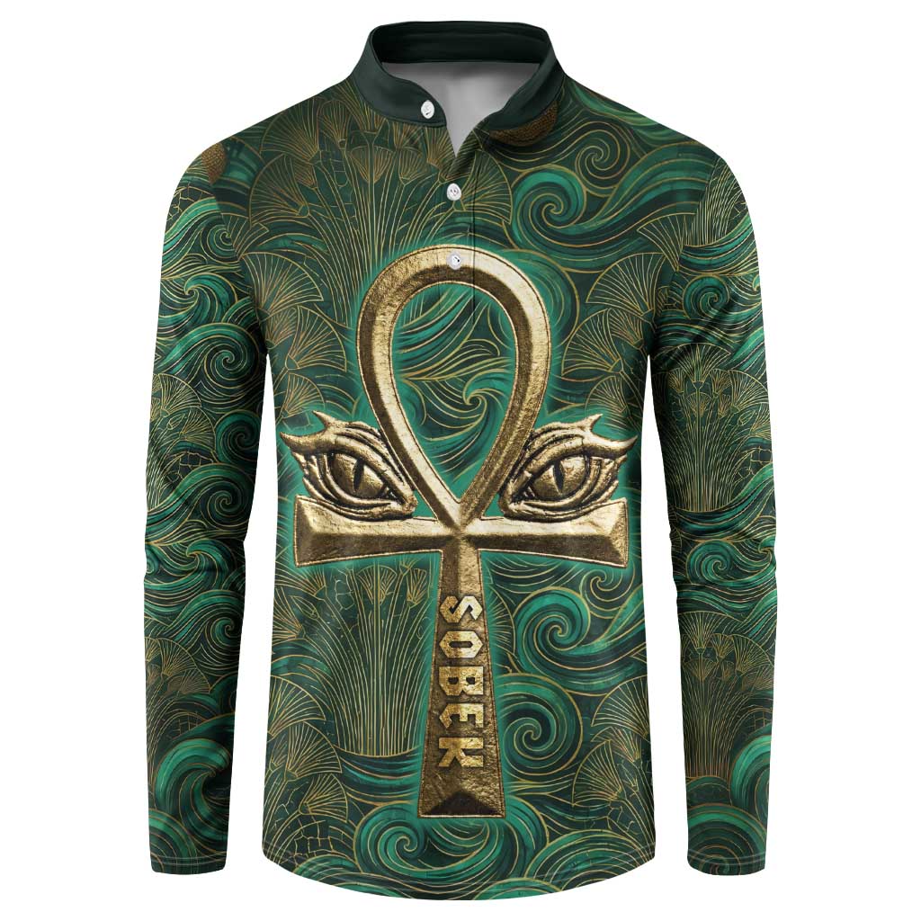 Sobek Crocodile Warrior Button Sweatshirt with Ankh Ancient Egyptian Motif in Emerald