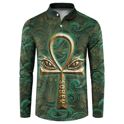 Sobek Crocodile Warrior Button Sweatshirt with Ankh Ancient Egyptian Motif in Emerald