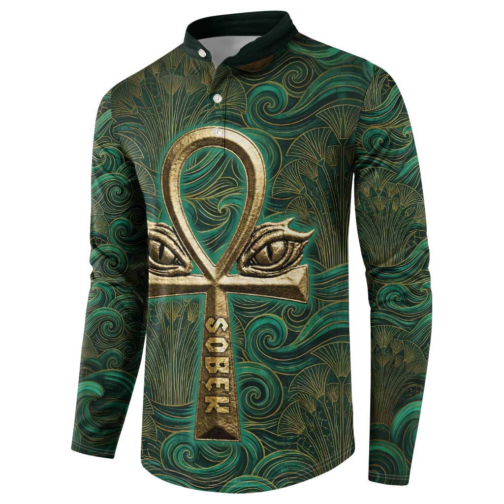 Sobek Crocodile Warrior Button Sweatshirt with Ankh Ancient Egyptian Motif in Emerald