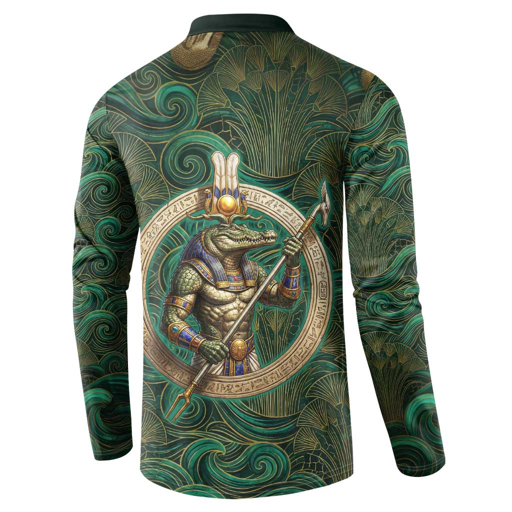 Sobek Crocodile Warrior Button Sweatshirt with Ankh Ancient Egyptian Motif in Emerald