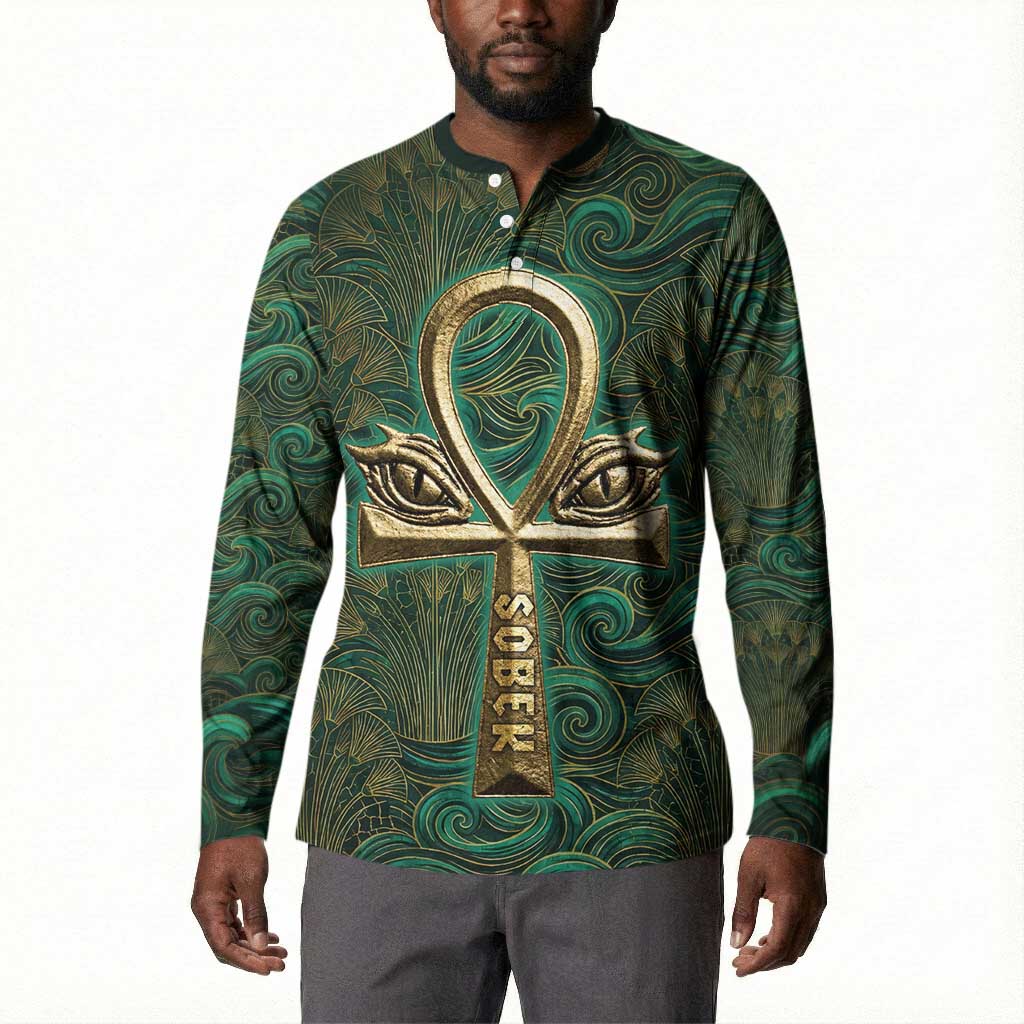 Sobek Crocodile Warrior Button Sweatshirt with Ankh Ancient Egyptian Motif in Emerald