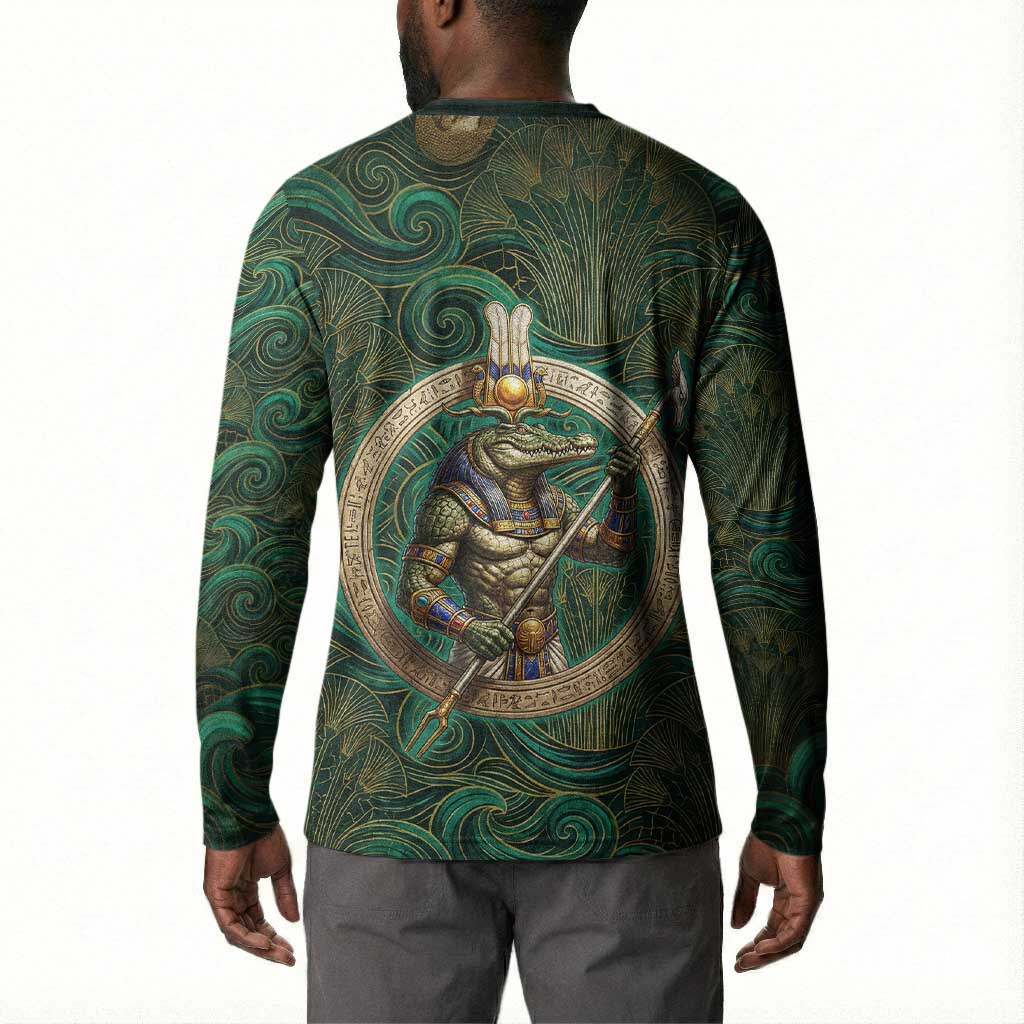 Sobek Crocodile Warrior Button Sweatshirt with Ankh Ancient Egyptian Motif in Emerald