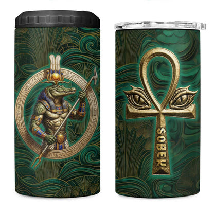 Sobek Crocodile Warrior 4 in 1 Can Cooler Tumbler with Ankh Ancient Egyptian Motif in Emerald