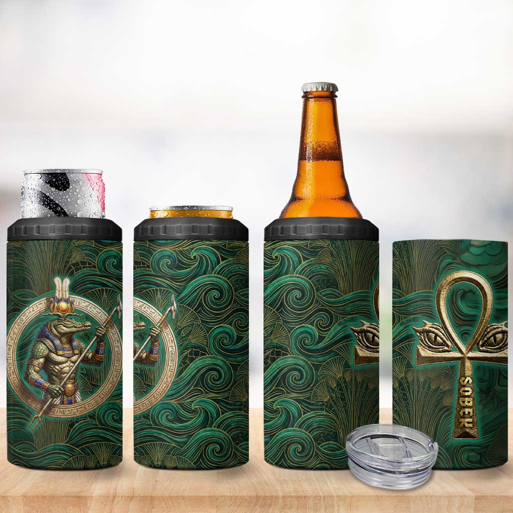 Sobek Crocodile Warrior 4 in 1 Can Cooler Tumbler with Ankh Ancient Egyptian Motif in Emerald