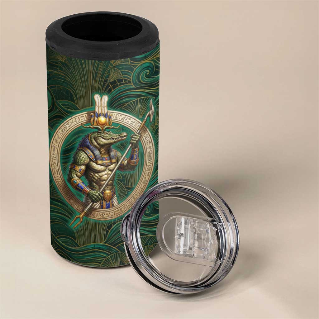 Sobek Crocodile Warrior 4 in 1 Can Cooler Tumbler with Ankh Ancient Egyptian Motif in Emerald
