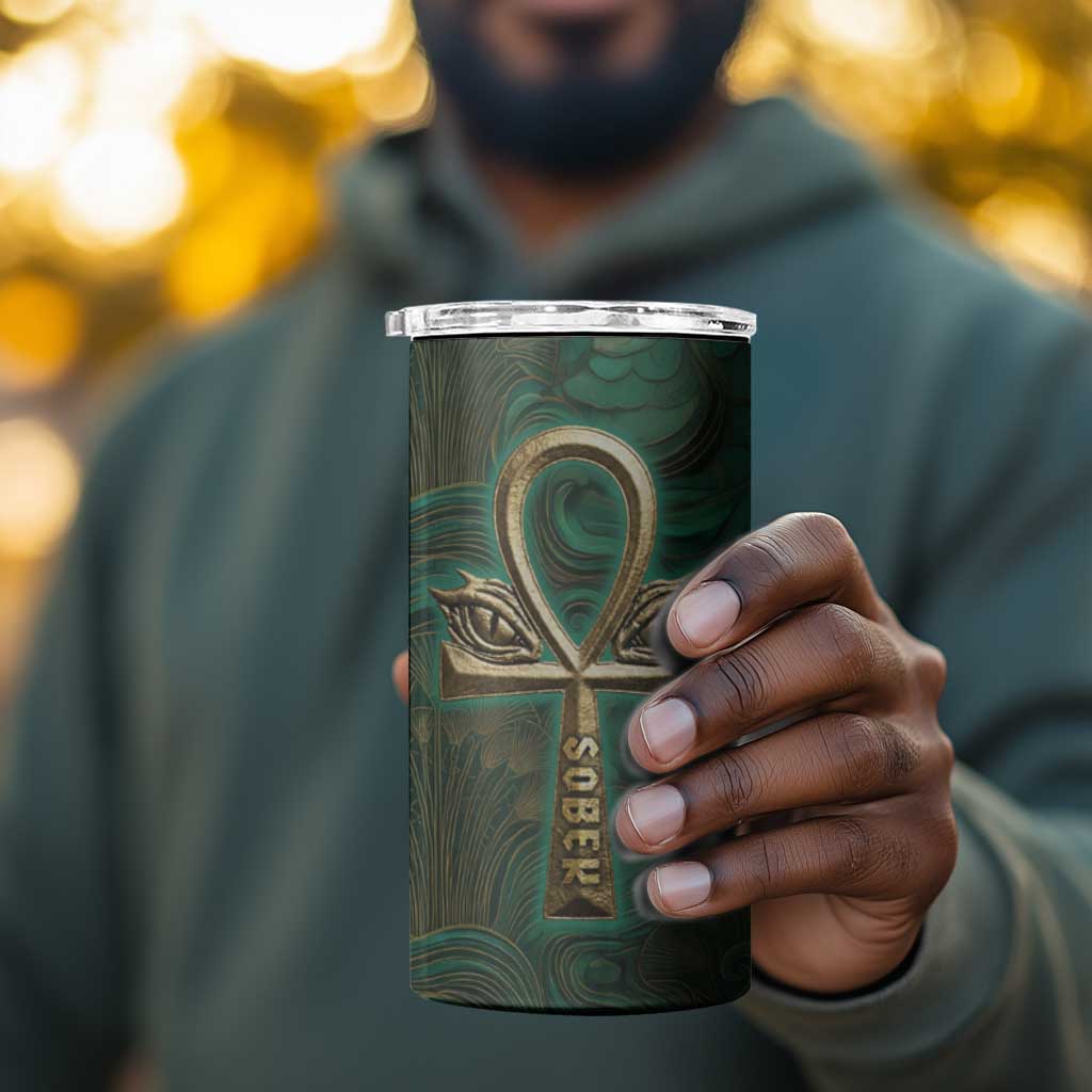 Sobek Crocodile Warrior 4 in 1 Can Cooler Tumbler with Ankh Ancient Egyptian Motif in Emerald