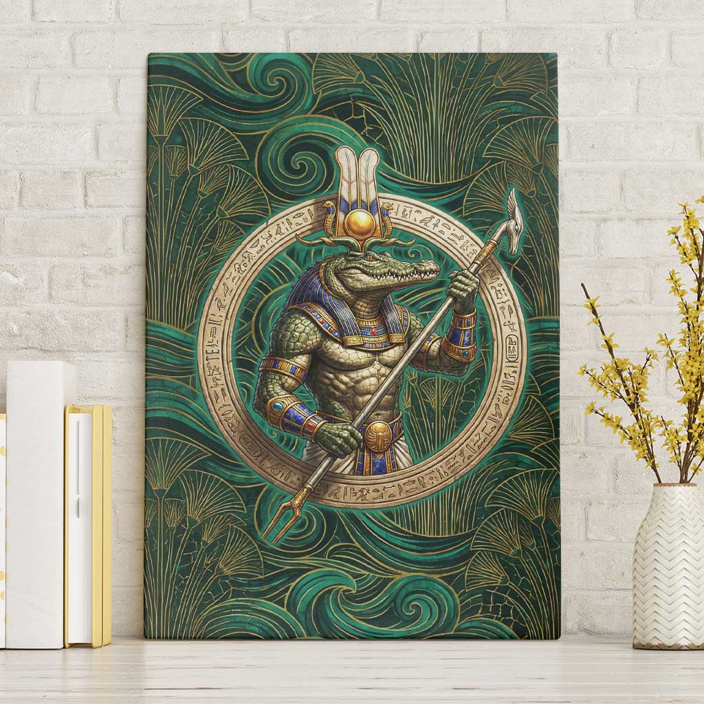 Sobek Crocodile Warrior Canvas Wall Art with Ankh Ancient Egyptian Motif in Emerald