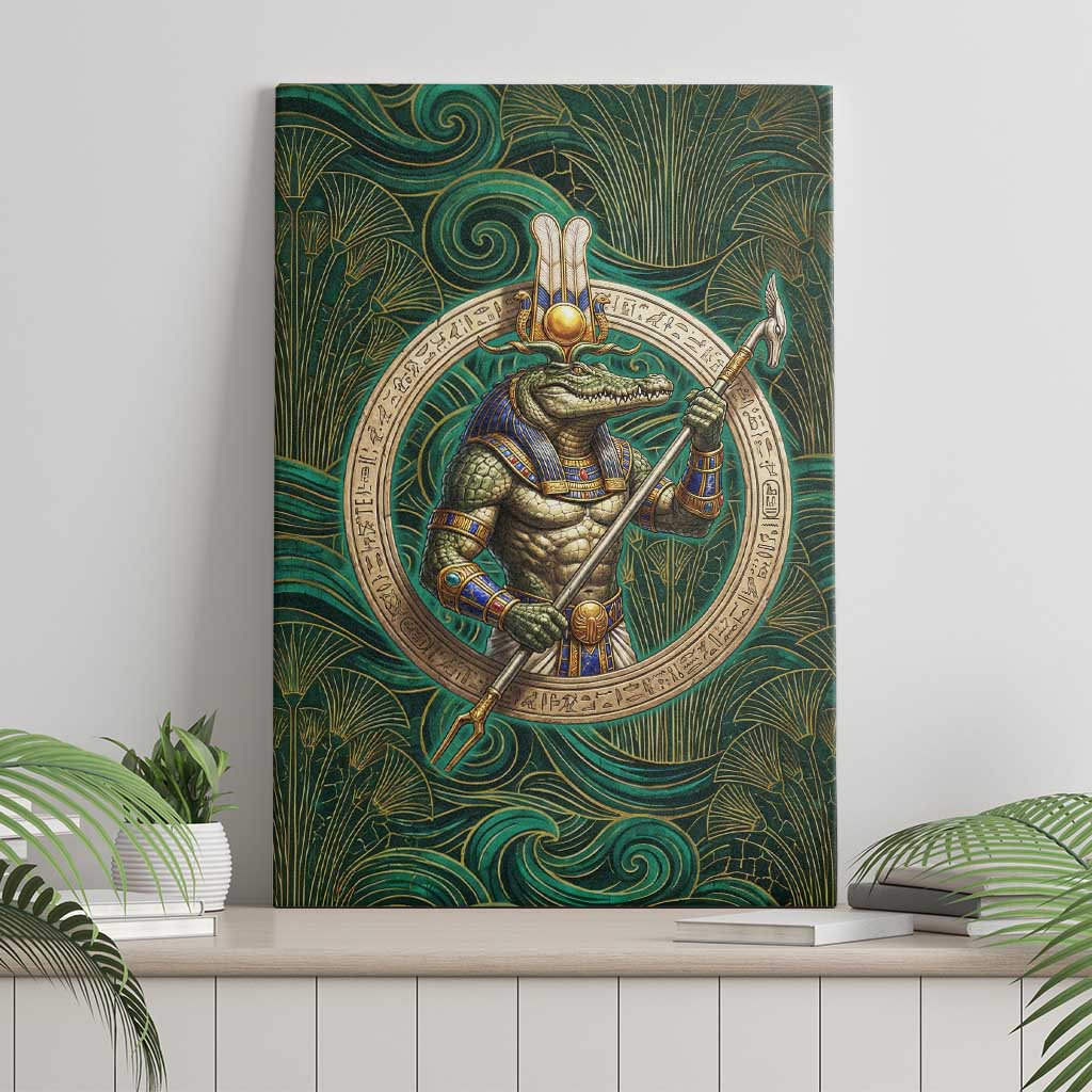 Sobek Crocodile Warrior Canvas Wall Art with Ankh Ancient Egyptian Motif in Emerald