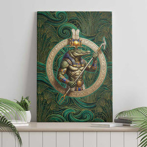 Sobek Crocodile Warrior Canvas Wall Art with Ankh Ancient Egyptian Motif in Emerald