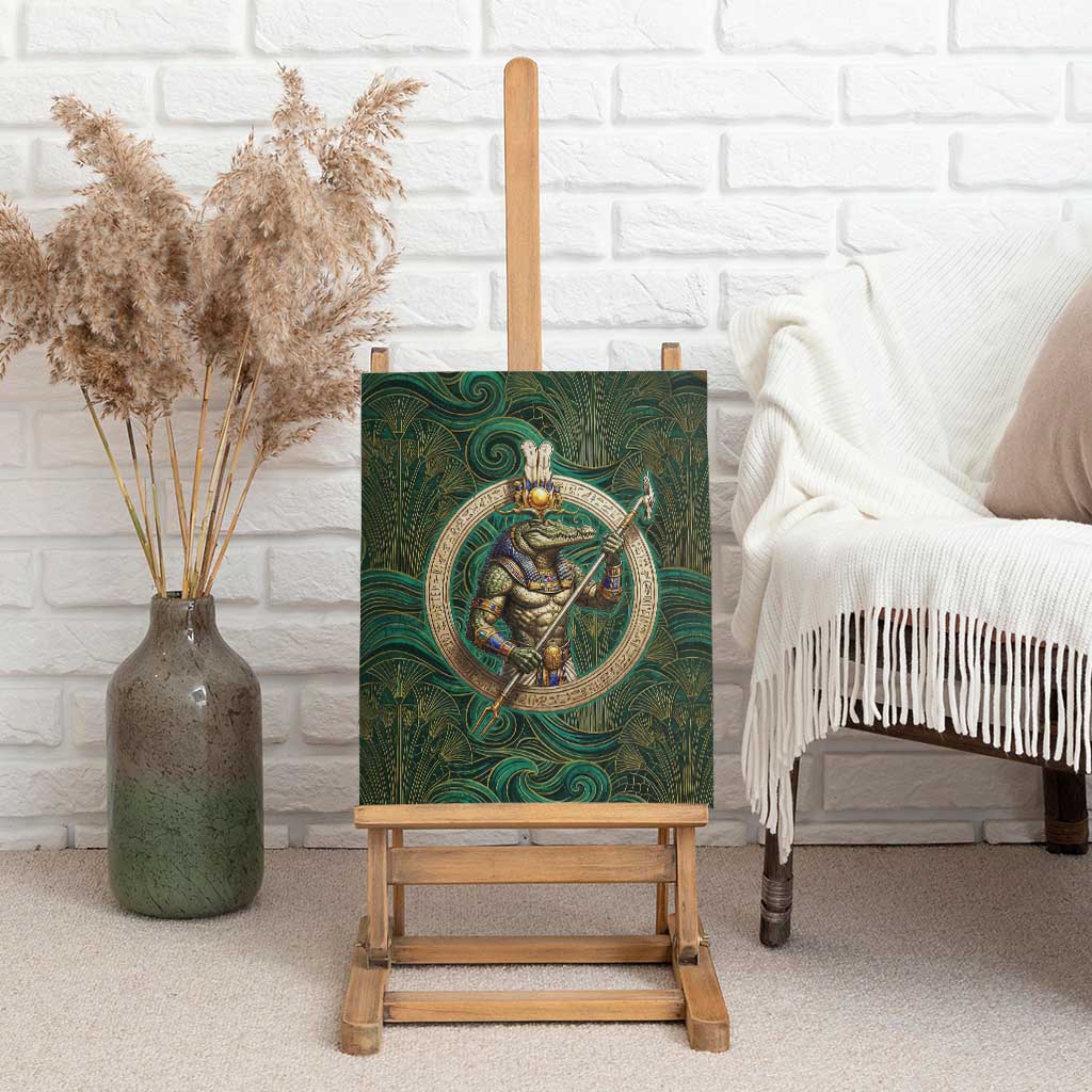 Sobek Crocodile Warrior Canvas Wall Art with Ankh Ancient Egyptian Motif in Emerald