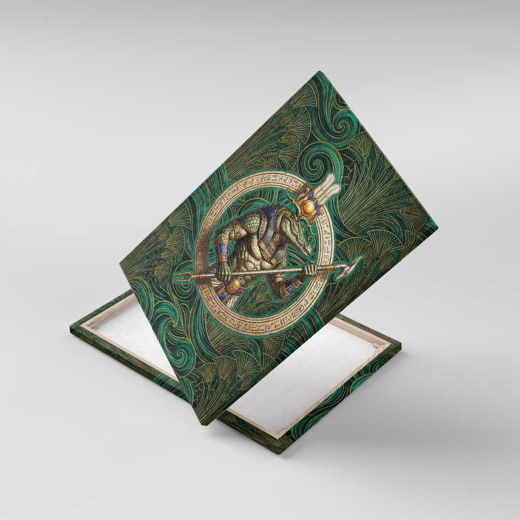 Sobek Crocodile Warrior Canvas Wall Art with Ankh Ancient Egyptian Motif in Emerald