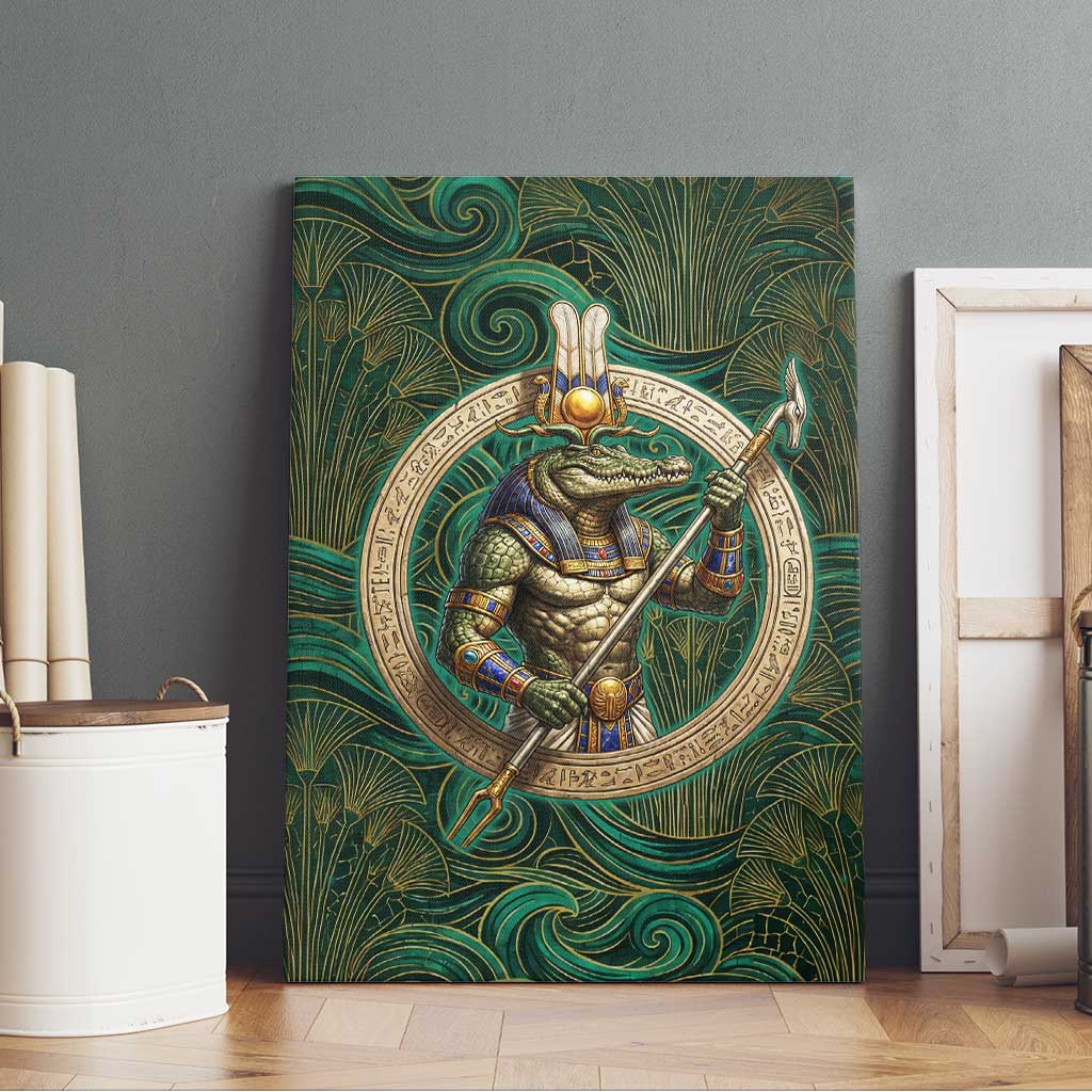 Sobek Crocodile Warrior Canvas Wall Art with Ankh Ancient Egyptian Motif in Emerald