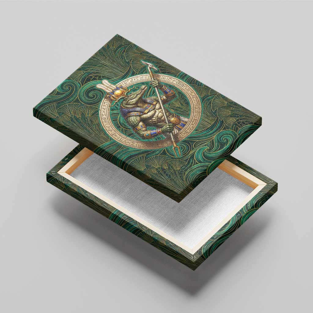 Sobek Crocodile Warrior Canvas Wall Art with Ankh Ancient Egyptian Motif in Emerald