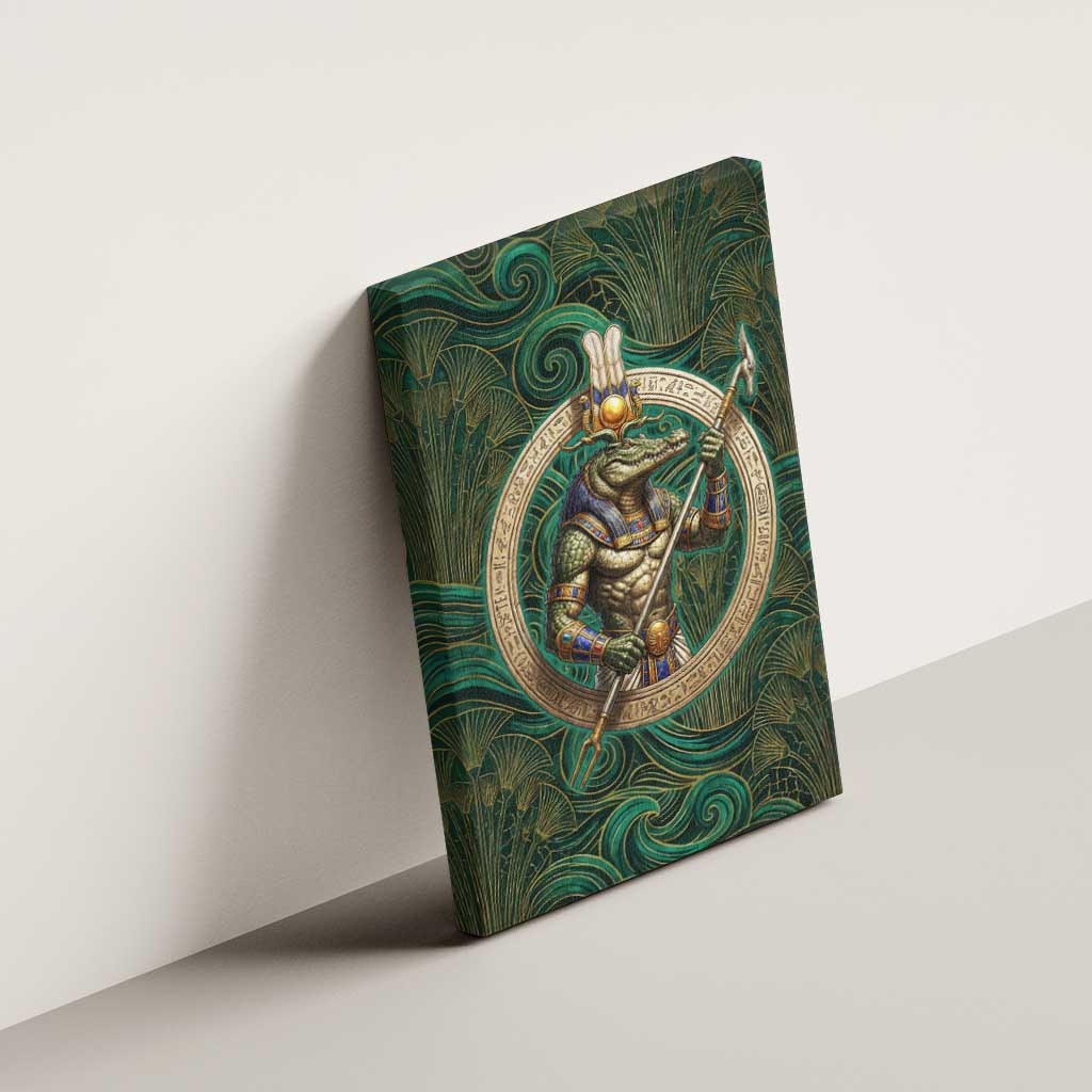 Sobek Crocodile Warrior Canvas Wall Art with Ankh Ancient Egyptian Motif in Emerald