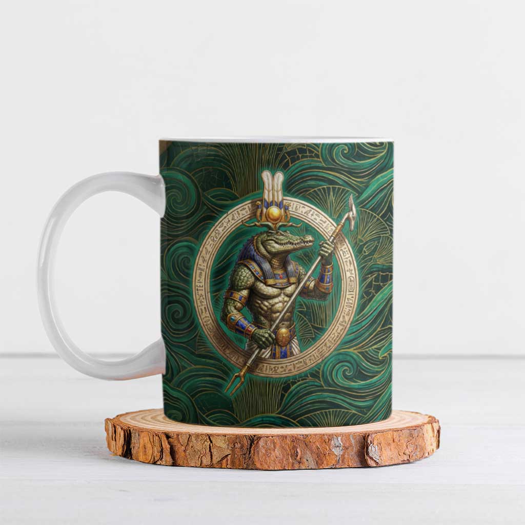 Sobek Crocodile Warrior Ceramic Mug with Ankh Ancient Egyptian Motif in Emerald