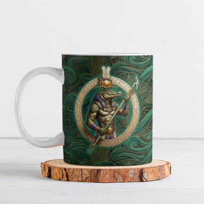 Sobek Crocodile Warrior Ceramic Mug with Ankh Ancient Egyptian Motif in Emerald