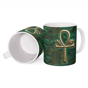 Sobek Crocodile Warrior Ceramic Mug with Ankh Ancient Egyptian Motif in Emerald