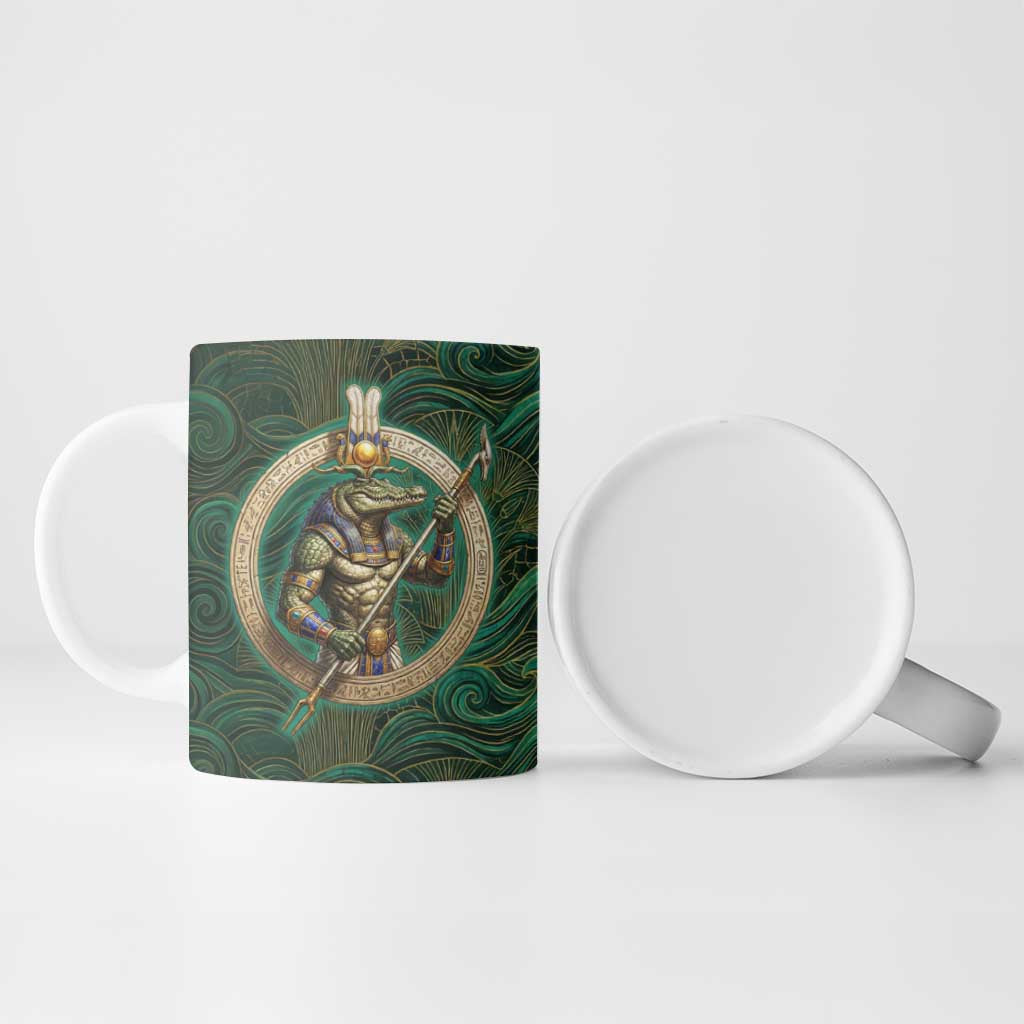 Sobek Crocodile Warrior Ceramic Mug with Ankh Ancient Egyptian Motif in Emerald